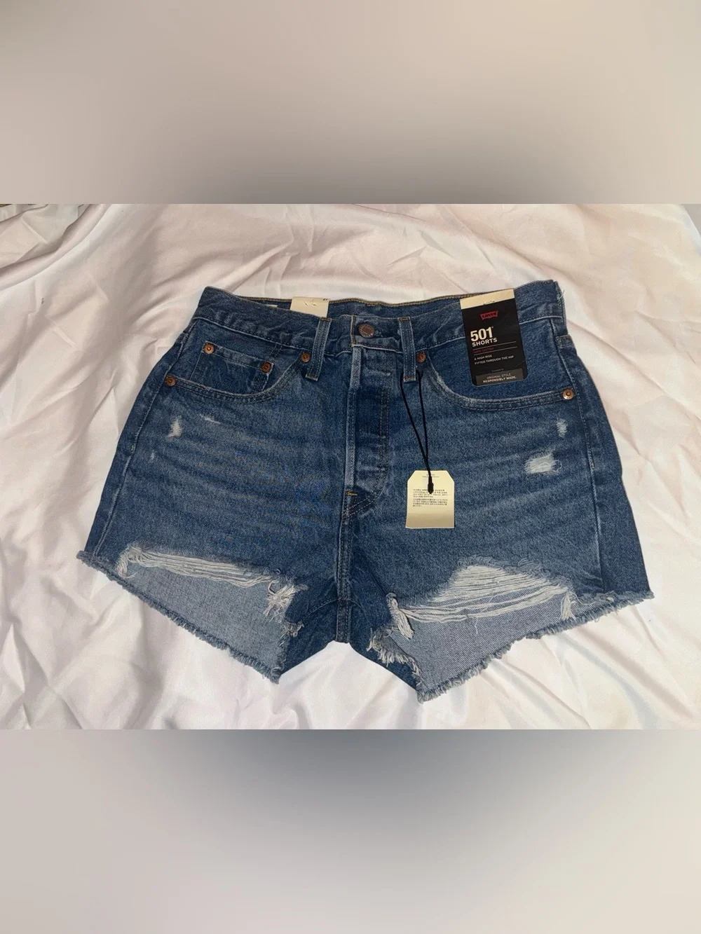 Levi's 501 High-Rise Distressed Jean Shorts in Dark Blue